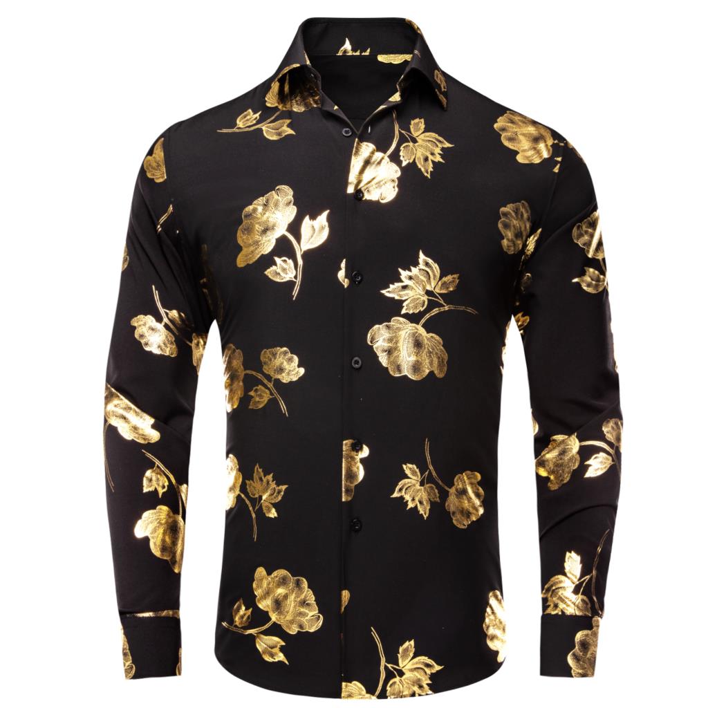 Mens Satin Silk Dress Shirt - 남성용 하이 타이 블랙 골드 실크