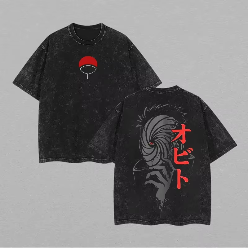 Acid Wash Vintage Graphic T Shirt - 나루토 오비토 우치하 남성 티셔츠 마스크