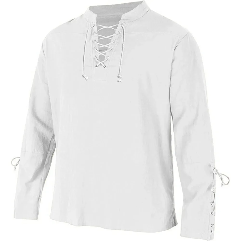 Medieval Gothic Lace Up Pirate Shirt - 남성용 긴팔 셔츠, 레이스업 V넥 커프,