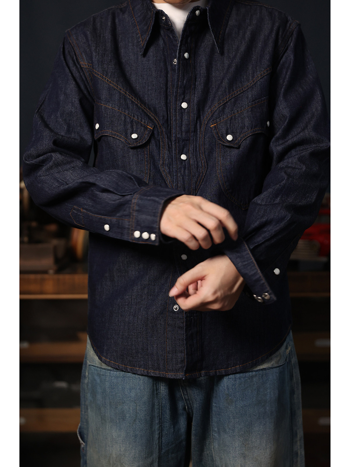 Mens Western Denim Pearl Snap Shirt - 카우보이 웨스턴 스냅 셔츠 심플 아메리칸