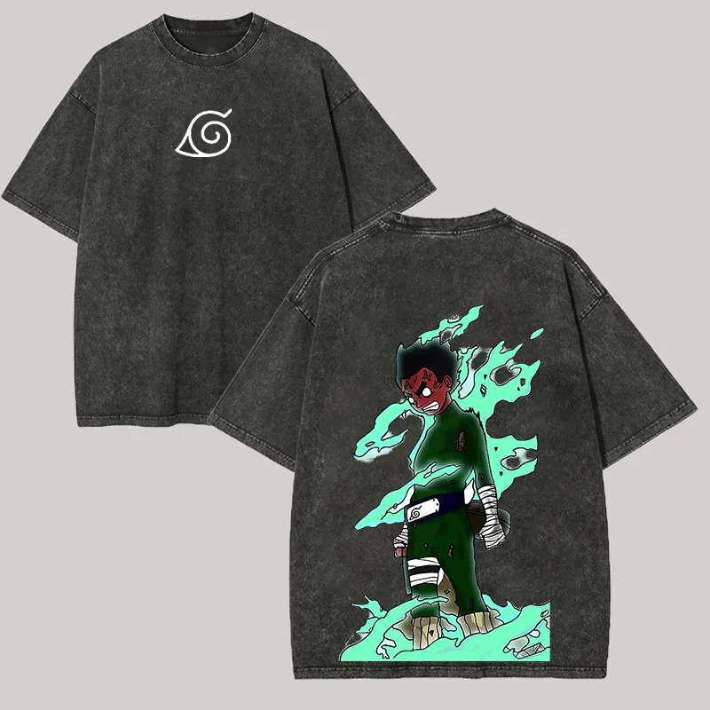 Acid Wash Vintage Graphic T Shirt - Rock Lee Eight Gates T 셔츠