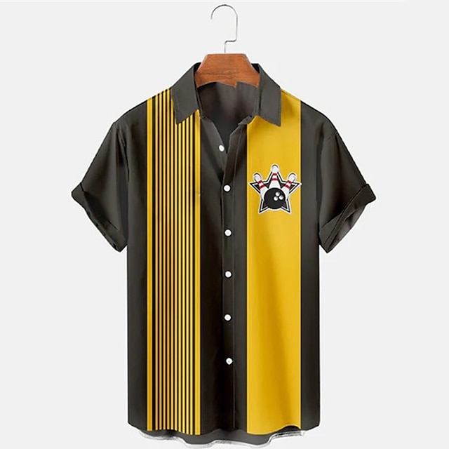Short Sleeve Bowling Shirt Retro - 남성용 스트라이프 볼링 패턴 프린트 반팔