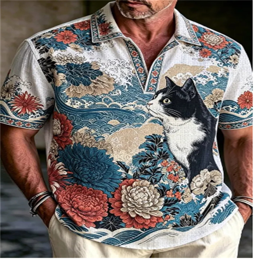 Vintage Hawaiian Floral Shirt - 남성용 반팔 폴로 셔츠 빈티지 우키요에