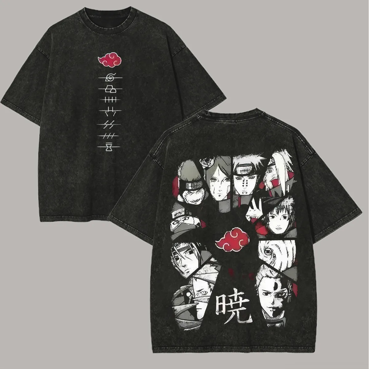 Acid Wash Vintage Graphic T Shirt - 아카츠키 티셔츠 나루토 남성용 애시드 워시
