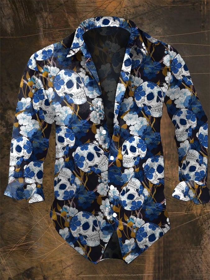 Vintage Hawaiian Floral Shirt - 할로윈 남성용 어두운 해골 프린트, 캐주얼