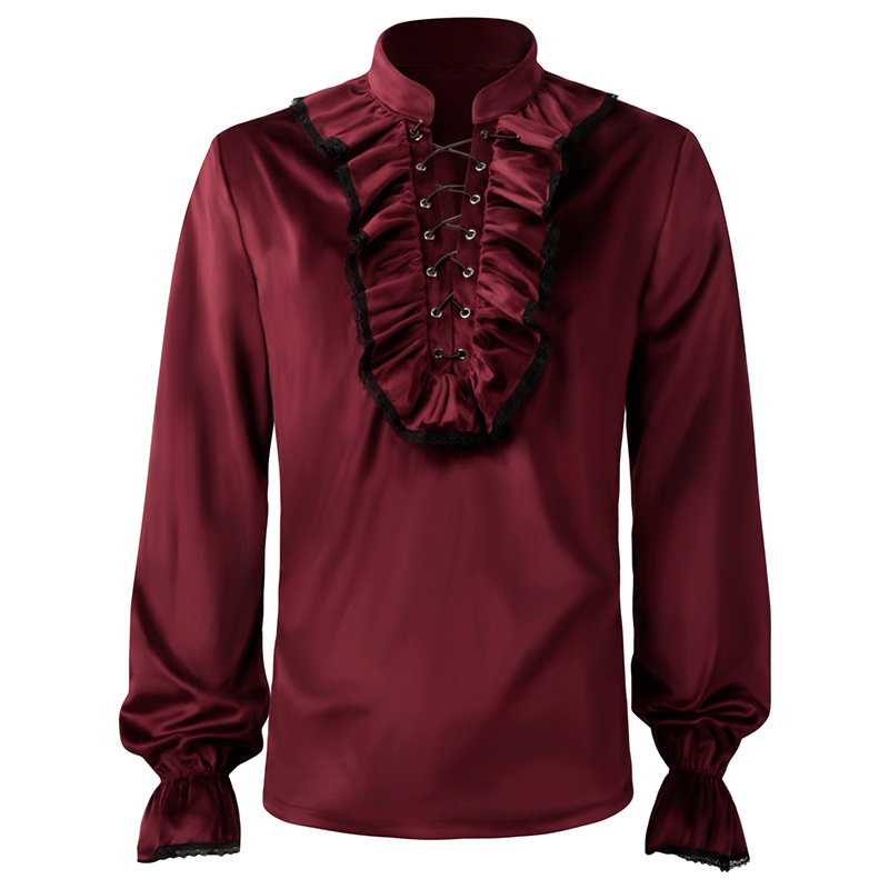 Medieval Gothic Lace Up Pirate Shirt - 레드 레이스 업 프릴 랜턴 슬리브,