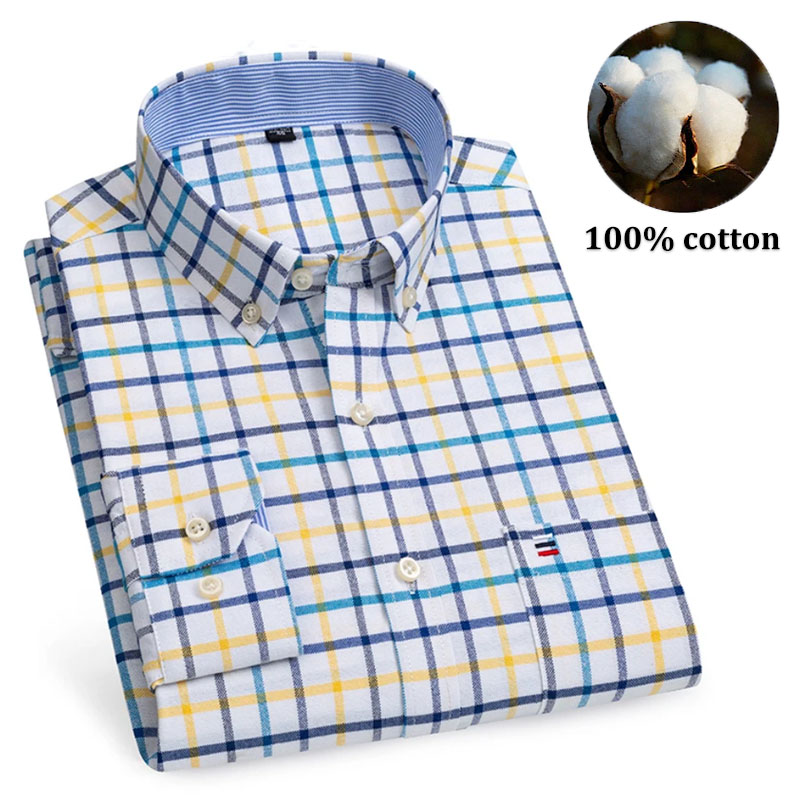 Oxford Cotton Casual Shirt Business - 남성용 100% 면 셔츠 긴팔 스트라이프