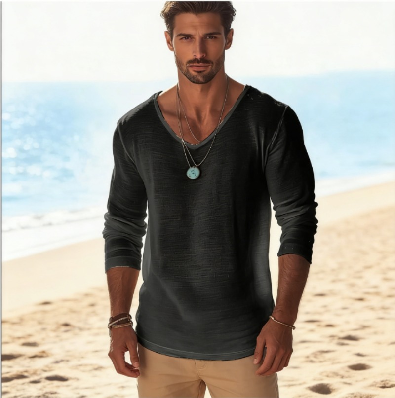 Mens Linen Shirt Long Sleeve - 남성 캐주얼 V넥 린넨 혼방 긴팔