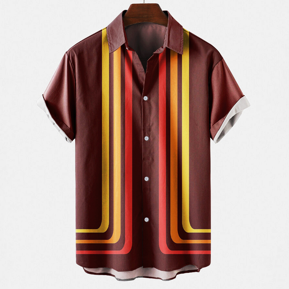 Short Sleeve Bowling Shirt Retro - 남성용 빈티지 레트로 스트라이프 패턴 컬러
