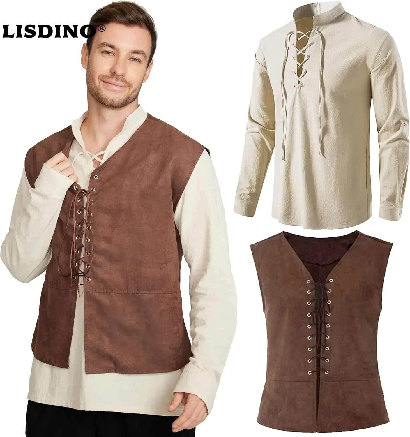 Medieval Gothic Lace Up Pirate Shirt - 2피스 세트 남성 중세 해적 조끼