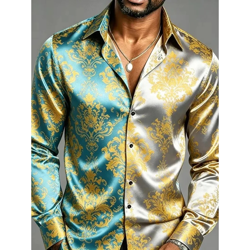 Mens Satin Silk Dress Shirt - 새틴 실크 긴소매 바로크 플로럴 프린트