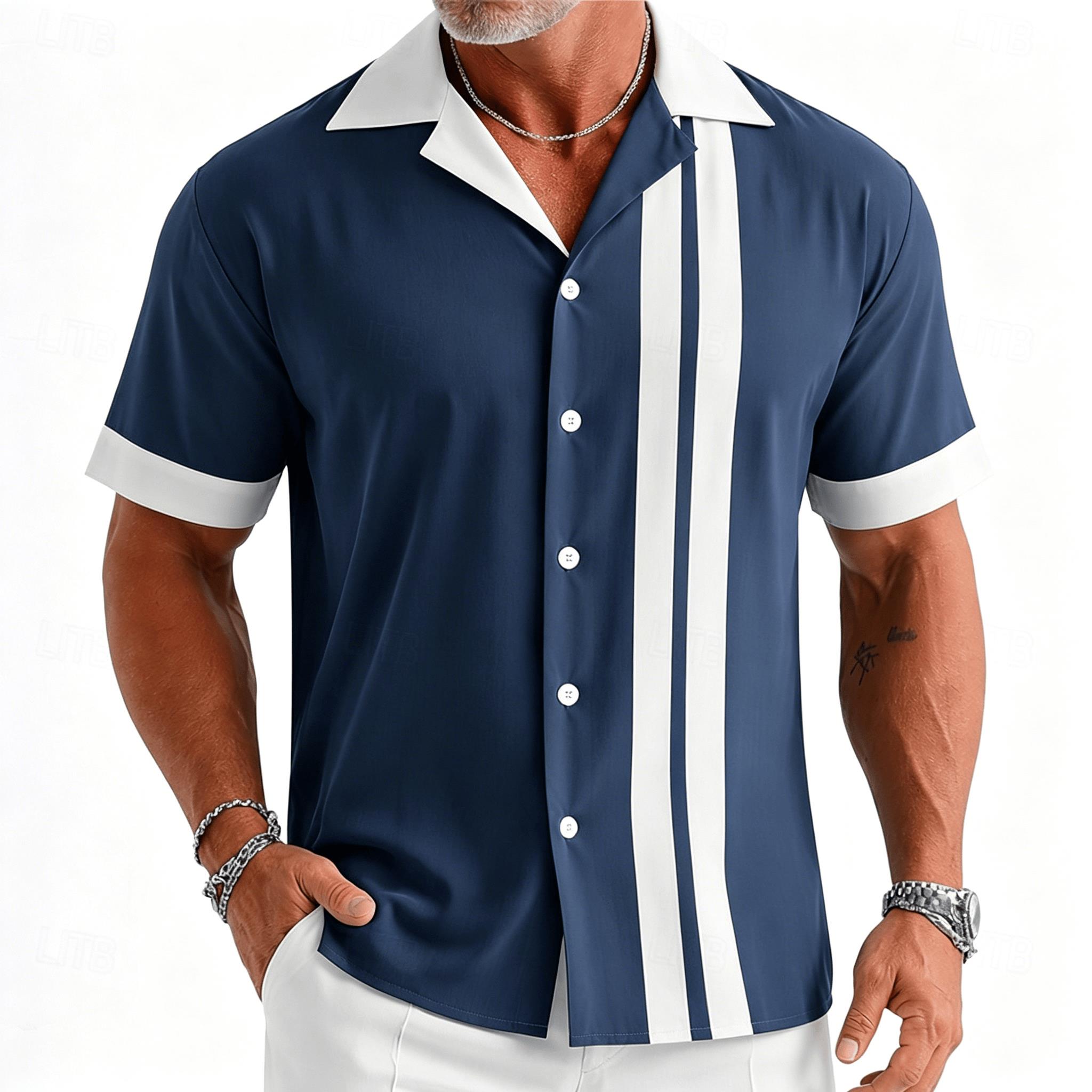 Short Sleeve Bowling Shirt Retro - 남성용 네이비 블루와 화이트 빈티지 볼링