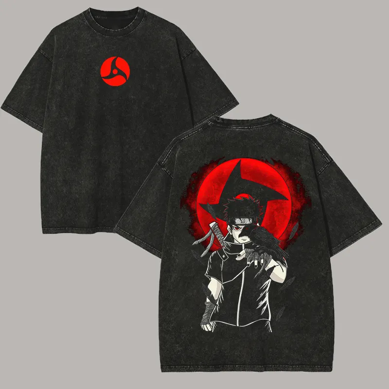 Acid Wash Vintage Graphic T Shirt - 나루토 시스이 우치하 티셔츠 만게쿄 샤링간