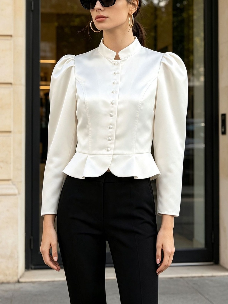 Mandarin Collar Formal Shirt Slim Fit - 토시 페플럼 블라우스 긴소매 퍼프 숄더