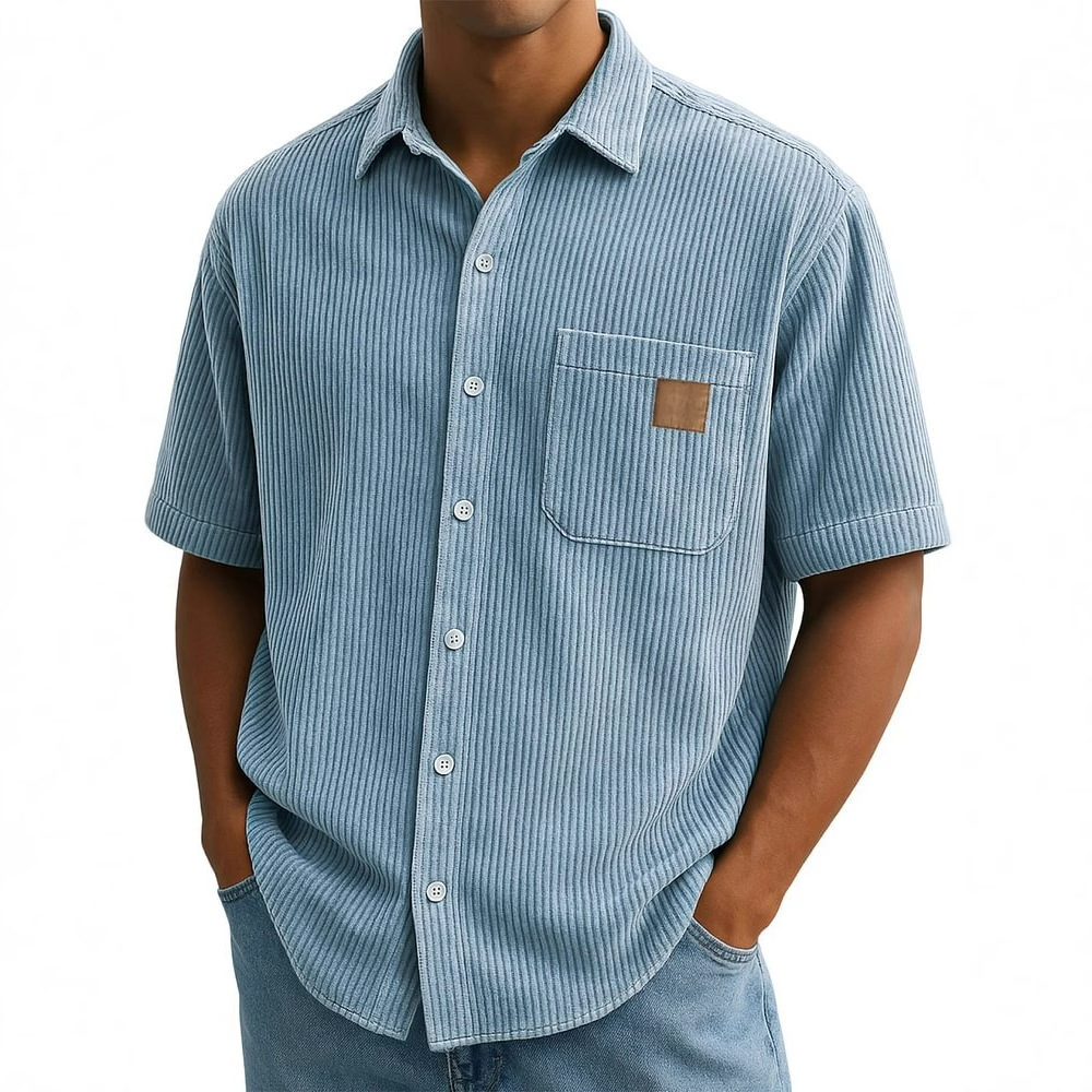 Corduroy Button Up Shirt Men - 남성용 코듀로이 반소매 셔츠, 빈티지 패치