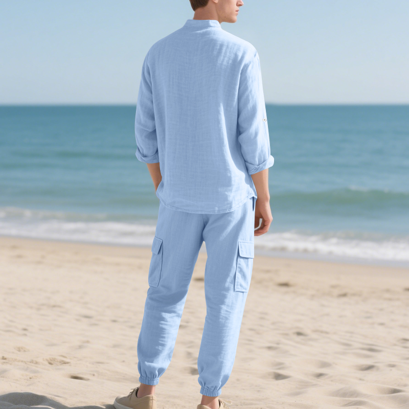 남성용 린넨 통기성 투피스 세트 (스탠드 칼라 긴팔 셔 - Mens Linen Shirt Long Sleeve 리뷰 및 가격