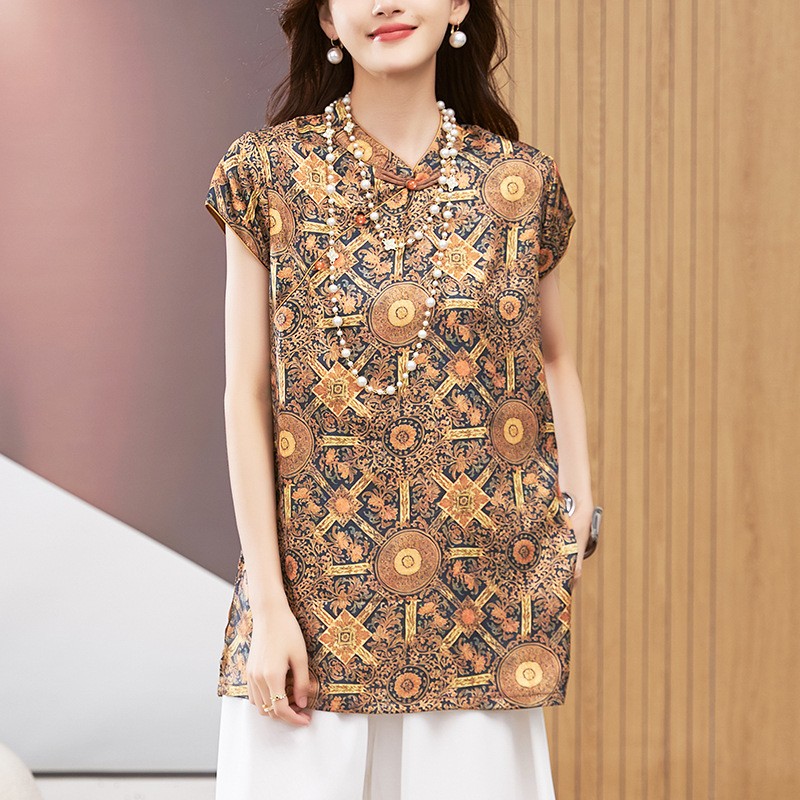 여성용 블라우스 반팔 라운드 넥 탑 만다린 칼라 튜닉  - Shirts 리뷰 및 가격