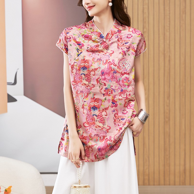 여성용 블라우스 반팔 라운드 넥 탑 만다린 칼라 튜닉  - Shirts 리뷰 및 가격