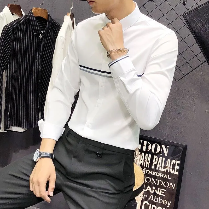 남성 만다린 칼라 긴소매 셔츠 배색 스트라이프 슬림핏  - Mandarin Collar Formal Shirt Slim Fit 리뷰 및 가격