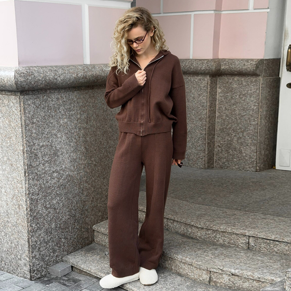 스포츠 스타일 후드 지퍼 가디건 와이드 레그 팬츠 세트 - Jackets 리뷰 및 가격