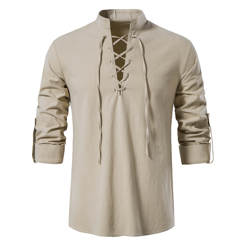 남성용 중세풍 레이스업 면 린넨 셔츠 스탠드 칼라 롤업 - Mens Linen Shirt Long Sleeve 리뷰 및 가격