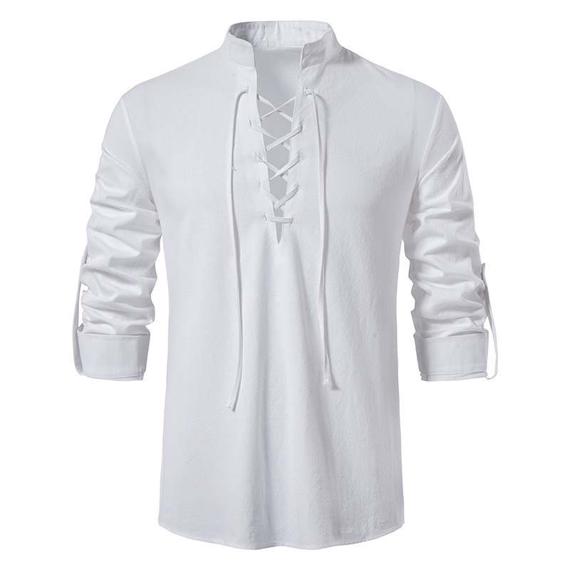 남성용 중세풍 레이스업 면 린넨 셔츠 스탠드 칼라 롤업 - Mens Linen Shirt Long Sleeve 리뷰 및 가격