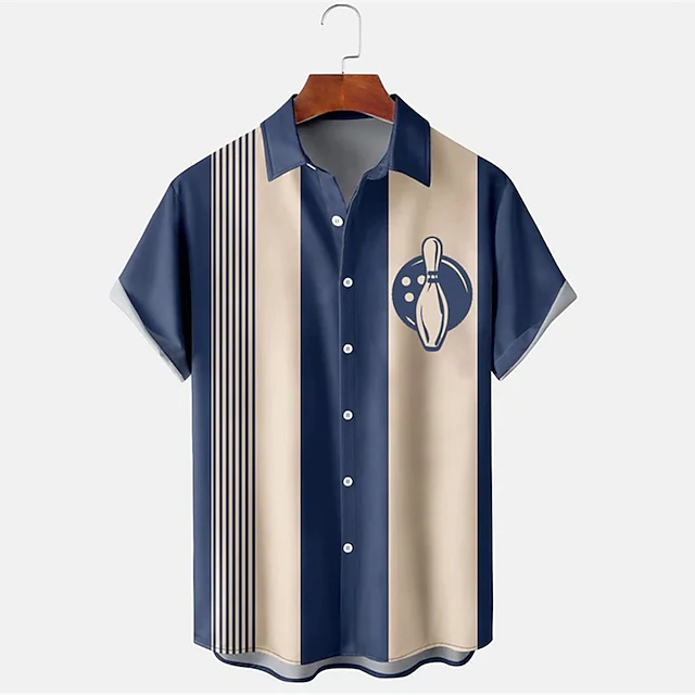 남성용 스트라이프 볼링 패턴 프린트 반팔 라펠 셔츠 레 - Short Sleeve Bowling Shirt Retro 리뷰 및 가격