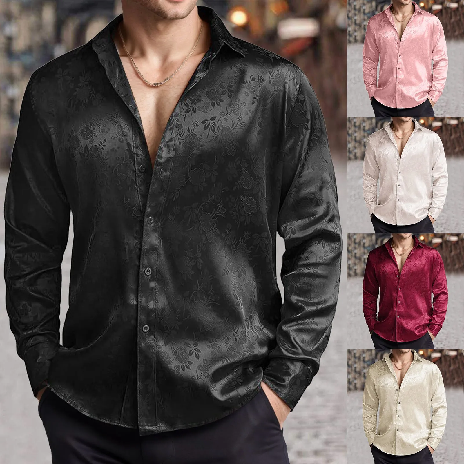 남성 모조 실크 새틴 드레스 셔츠 자카드 긴 소매 꽃  - Mens Satin Silk Dress Shirt 리뷰 및 가격