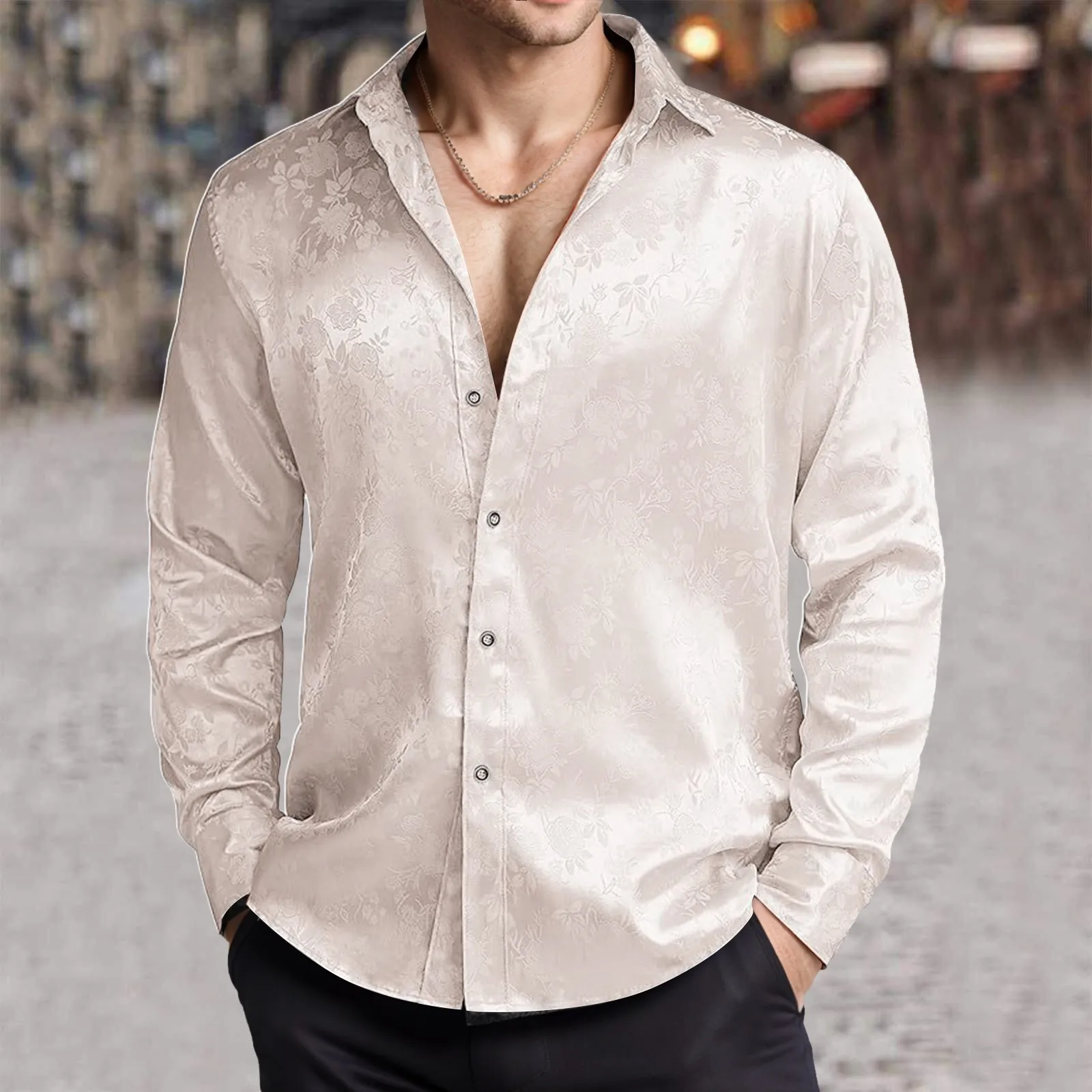 남성 모조 실크 새틴 드레스 셔츠 자카드 긴 소매 꽃  - Mens Satin Silk Dress Shirt 리뷰 및 가격