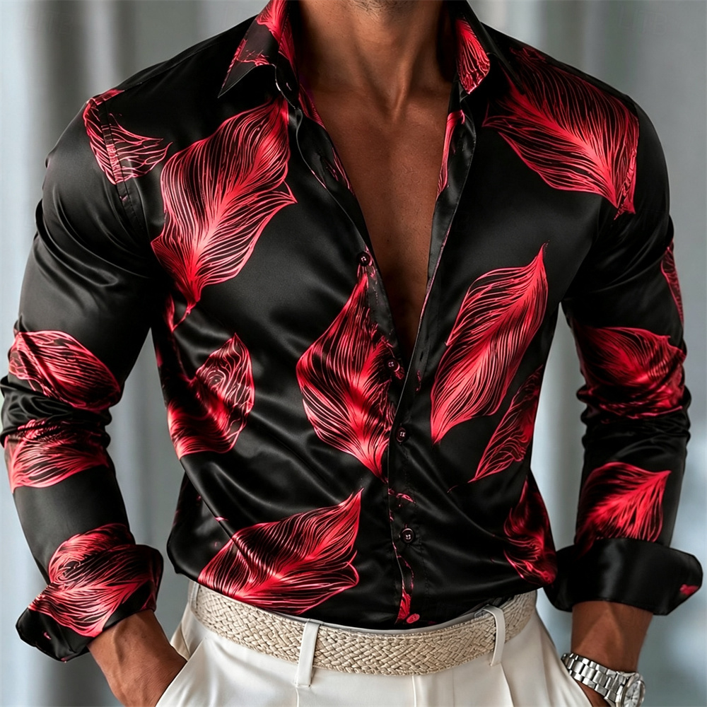 남성용 나뭇잎 패턴 새틴 셔츠, 긴 소매 캐주얼 패션  - Mens Satin Silk Dress Shirt 리뷰 및 가격