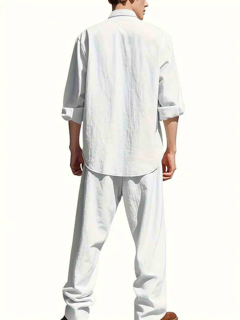 남성용 화이트 린넨 수트 세트 긴팔 헨리 셔츠와 밴딩  - Mens Linen Shirt Long Sleeve 리뷰 및 가격
