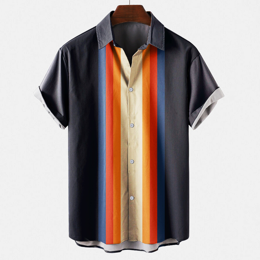남성용 빈티지 레트로 스트라이프 패턴 컬러 블록 볼링  - Short Sleeve Bowling Shirt Retro 리뷰 및 가격