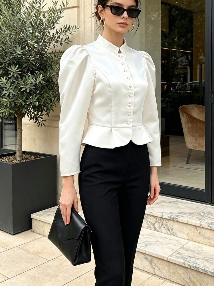 토시 페플럼 블라우스 긴소매 퍼프 숄더 만다린 칼라 버 - Mandarin Collar Formal Shirt Slim Fit 리뷰 및 가격